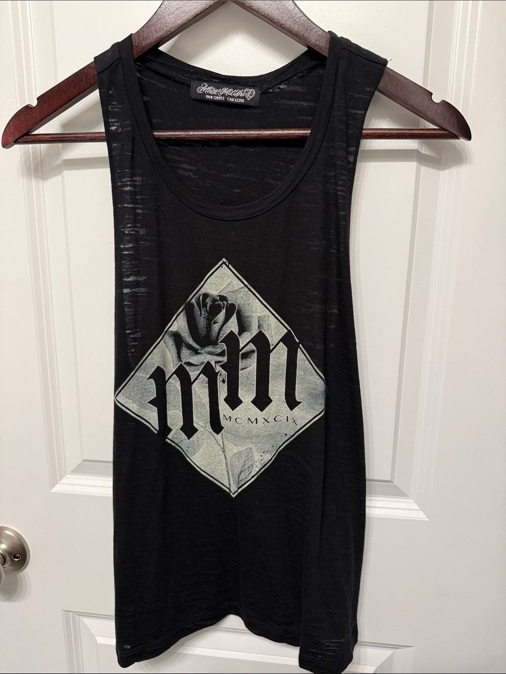 Metal Mulisha Black Muscle Tee with Light Gray Rose Diamond Graphic